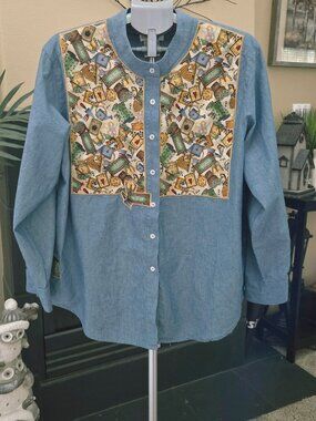 Quacker Factory sz 1X garden themed long sleeve blue button down shirt
